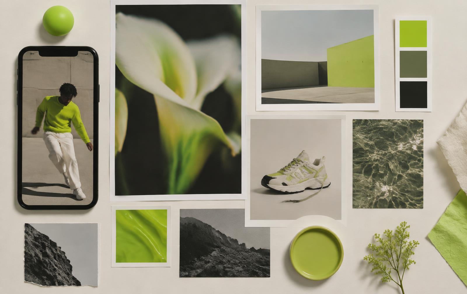 Collage editoriale di immagini, video e riferimenti cromatici di un brand